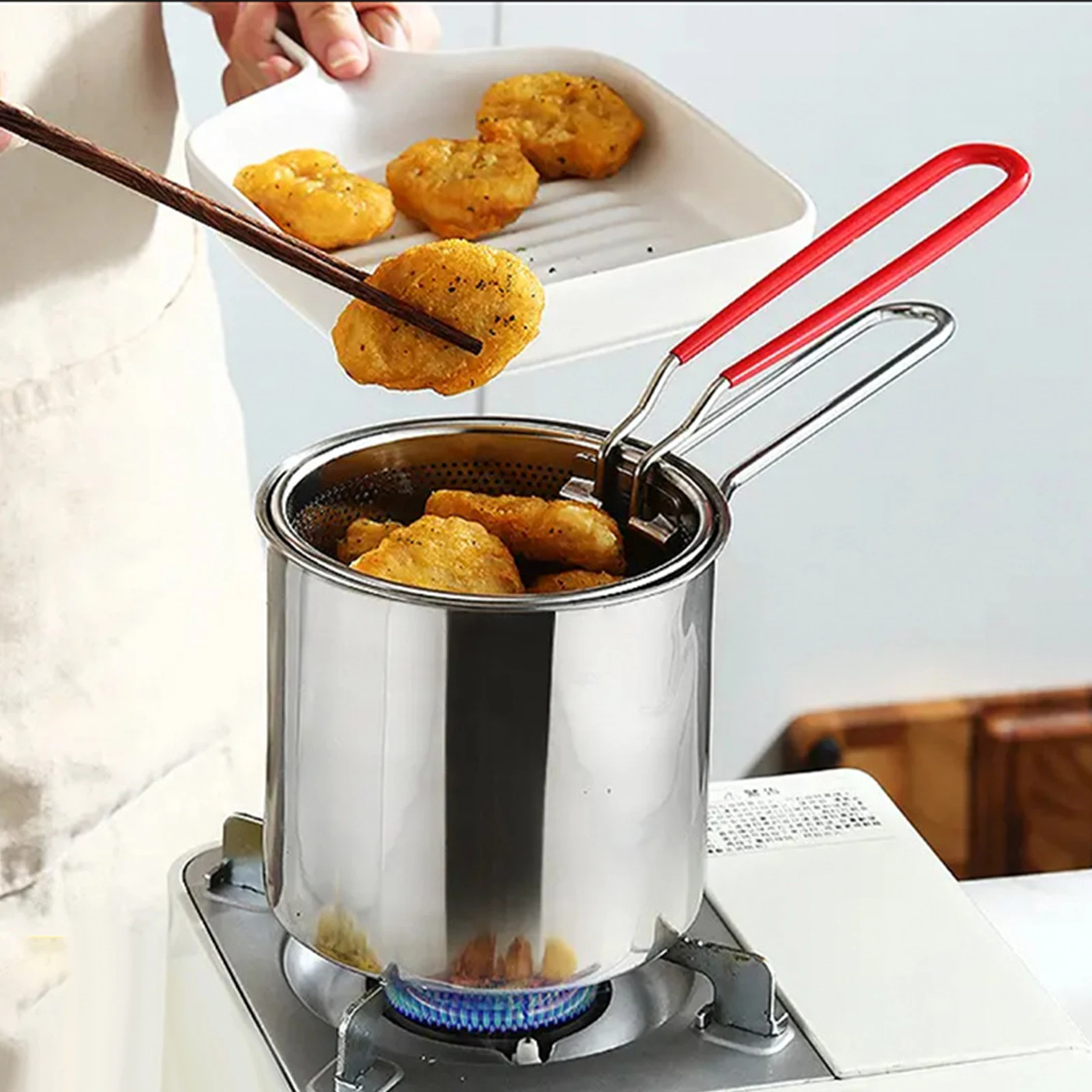 4pieces Stainless Steel Deep Frying Pot Portable Frying Pot With Strainer Basket Tempura French Fries Fryer Utensils Kitchenware