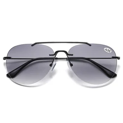 Oversized Rimless Double Bridge Pilot Frame See Near and Far Grey Lenses Bifocal Reading Sunglasses +0.75 To +4 See Near and Far