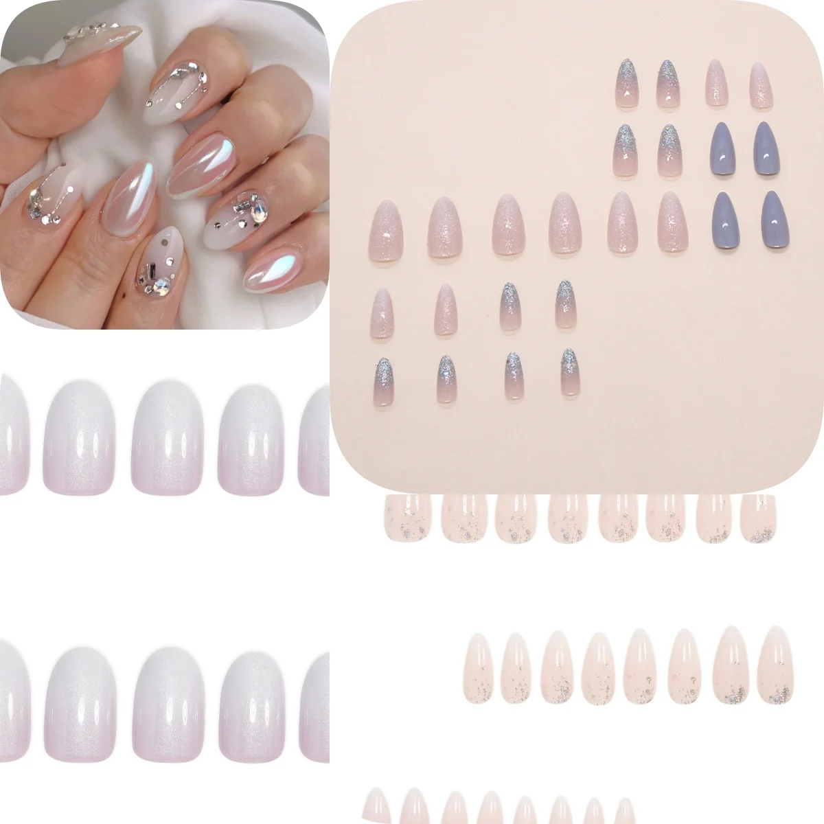 Faux ongles français dégradé blanc, 24 pièces, tête ovale courte, jolis pointes d'ongles, Art brillant, strass scintillants, bâton sur les ongles