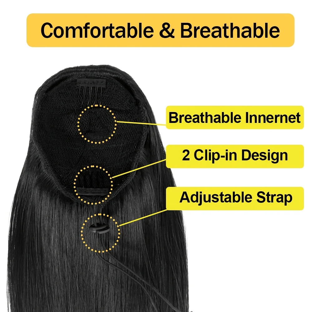 女性用ドローストリングポニーテール人毛エクステ ナチュラルカラーストレートドローストリング100%人毛ポニーテールエクステ