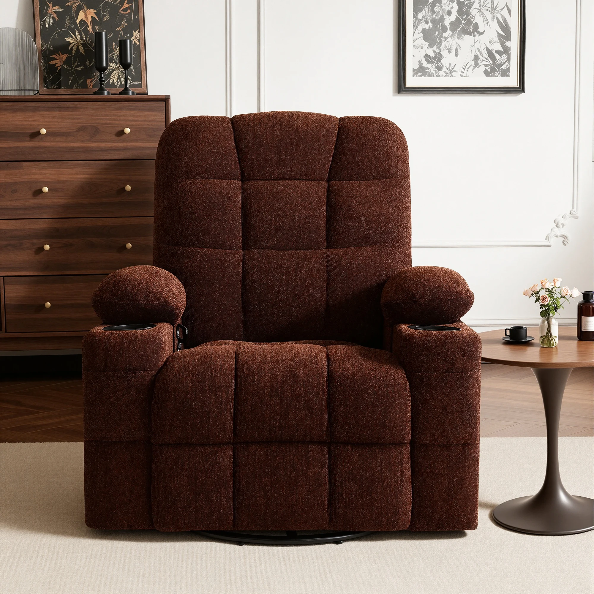 Comfortable Chenille Upholstered Swivel Rocker Recliner Chair, Manual Recline Single Sofa Chair for Apartment Bedroom Small Living Space