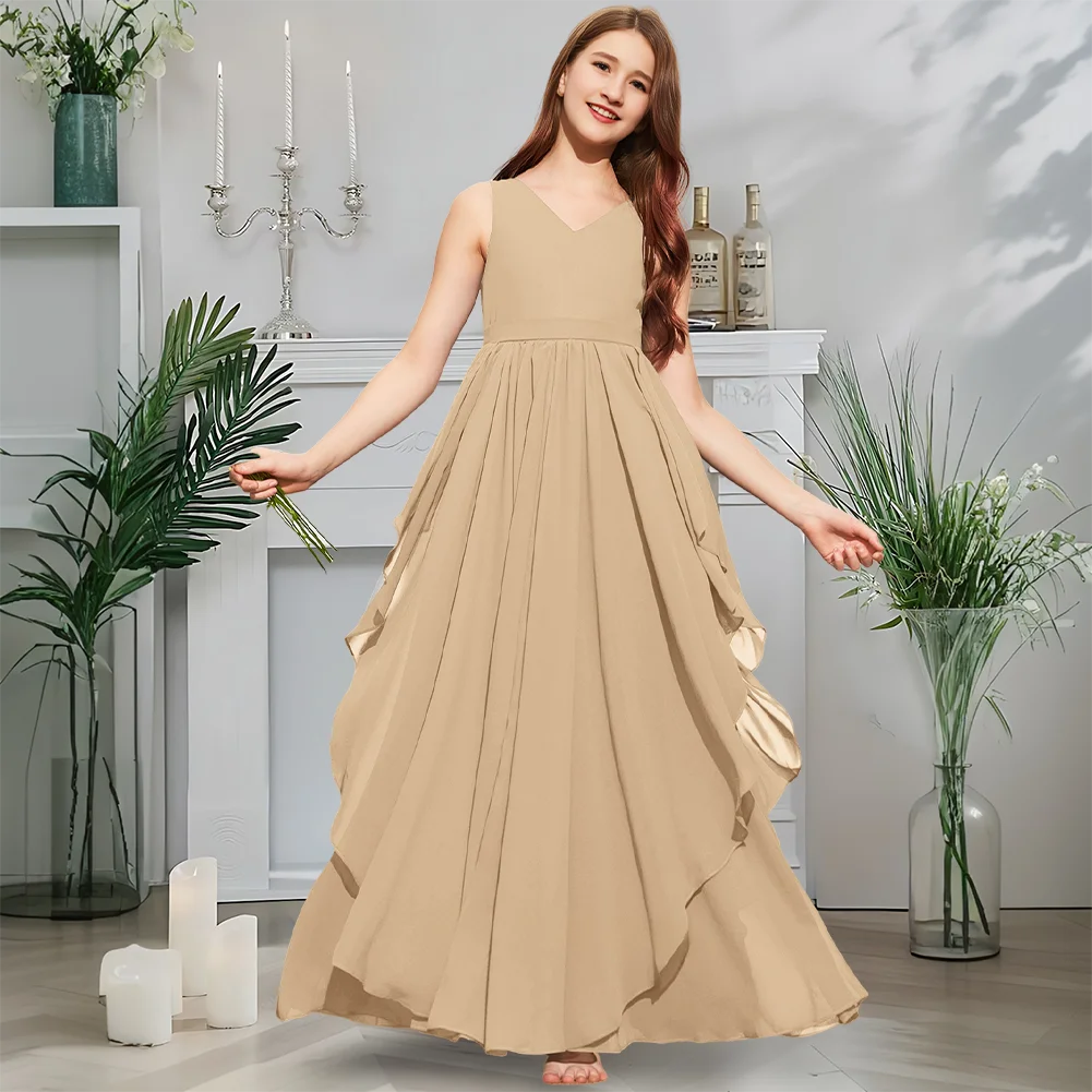 

Luxurious V-Neck Junior Bridesmaid Dress Peach Bloom Flower Girl Dress Floor-Length Chiffon With Cascading Ruffled Layers