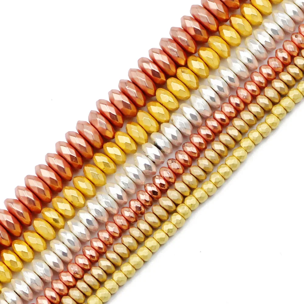 Matte Gold Farbe Silber Überzogene Faceted Flache Runde Hämatit Natürliche Stein 3/4/6/8mm Spacer lose Perlen Für Schmuck Machen DIY