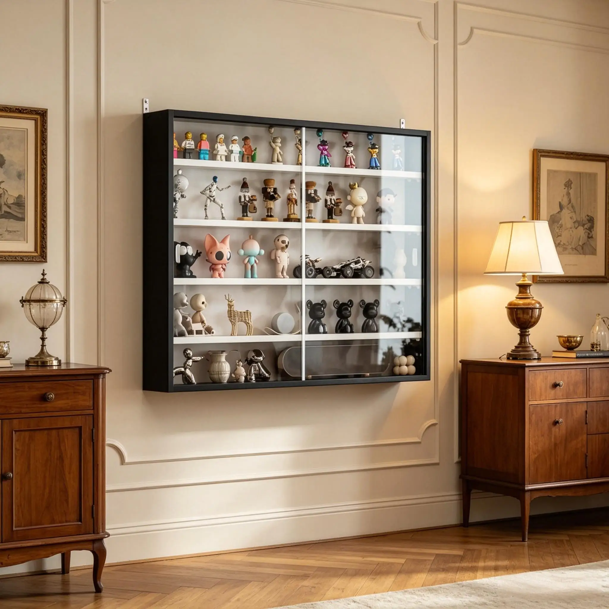Vitrine murale avec porte en verre transparent anti-poussière, étagères multi-niveaux, cadre noir, organisateur de objets de collection, vitrine flottante pour figurines, jouets en boîte mystère, mini-modèles, décoration et rangement pour salon et chambre à coucher.