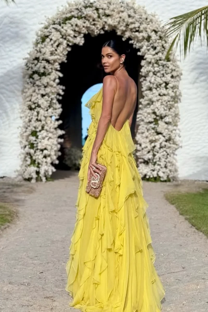 Jessica Spaghetti Straps With Open Back Evening Dresses Yellow Chiffon Ruffles Prom Dresses Wedding Party Dresses Customized