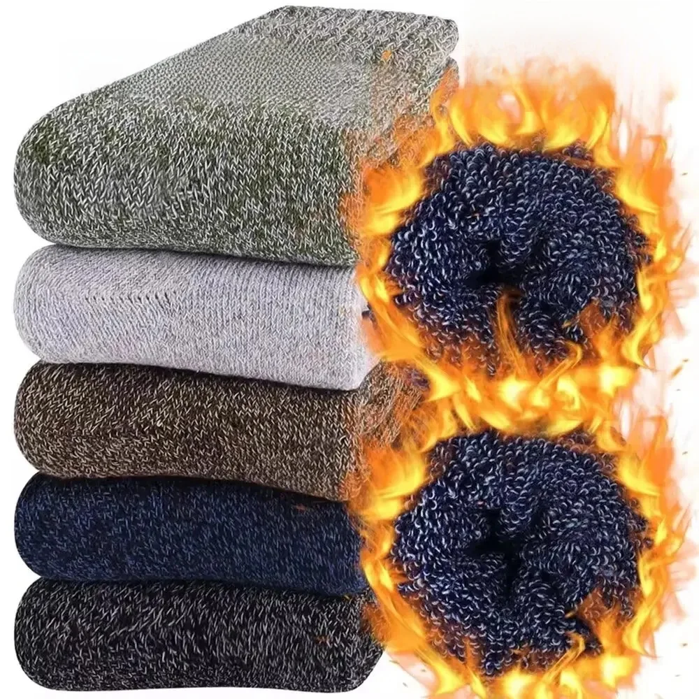 5/10 par Mężczyźni Retro Solid Color Casual Wełniane skarpetki Zimowe ciepłe skarpety średniej długości Ultra grube męskie skarpetki z kaszmiru przeciw zamarzaniu — zdjęcie 2