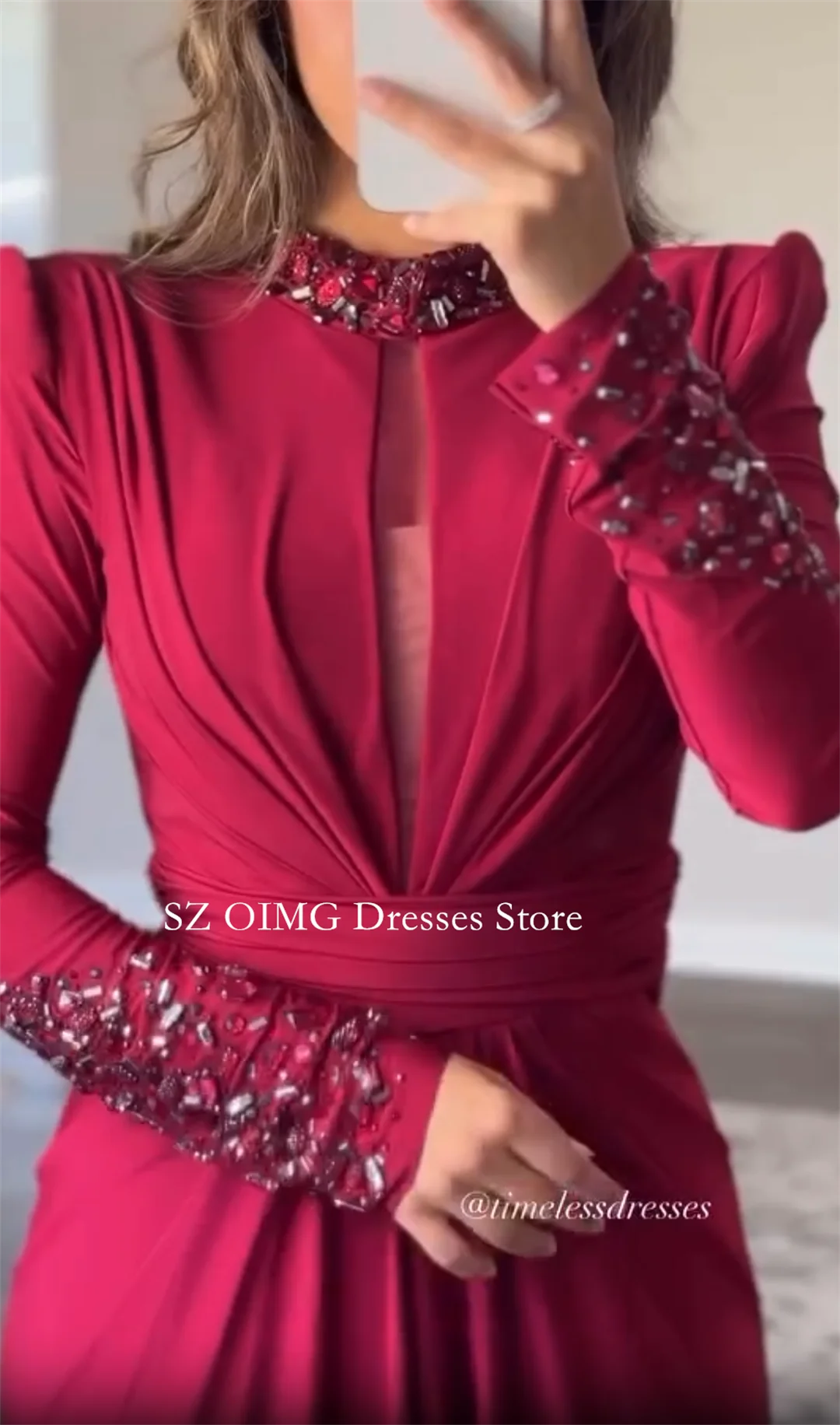 OIMG Dubai Mordern High Neck A-Line Prom Dresses Evening Dress Satin Red Beads Crystals Women Evening Gowns Formal Party Dress