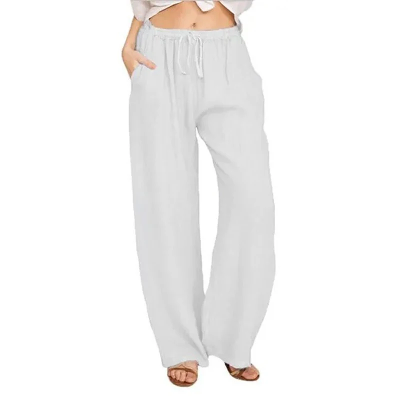 Women Summer Casual Pants High Waist Loose Solid Color Elastic Waist Wide Leg White Pants Trousers Elegant Office Sweatpants