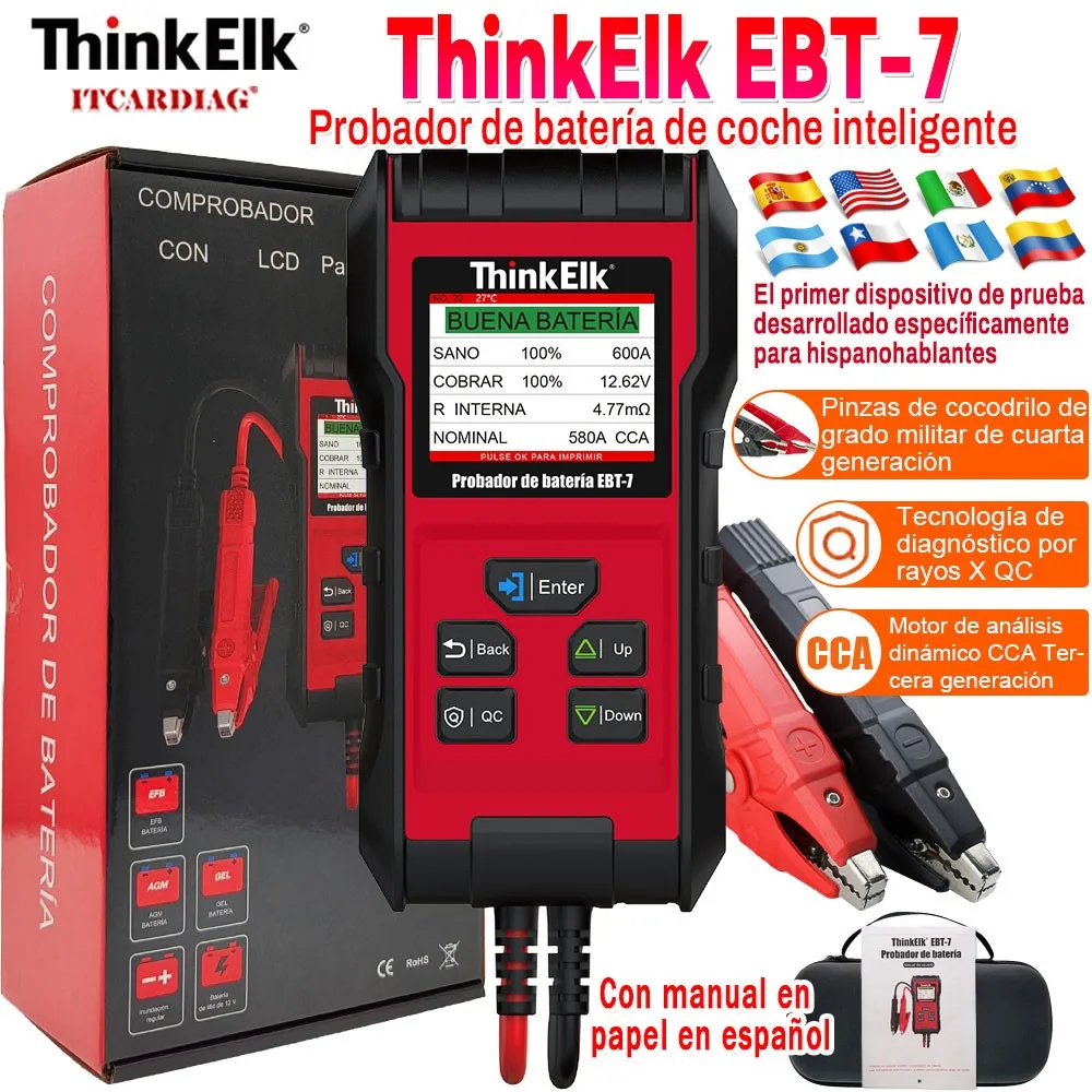 

Comprobador de batería de coche ThinkElk EBT-7 de 12 V/24 V prueba rápida de QC prueba CCA de batería de litio analizador de bat