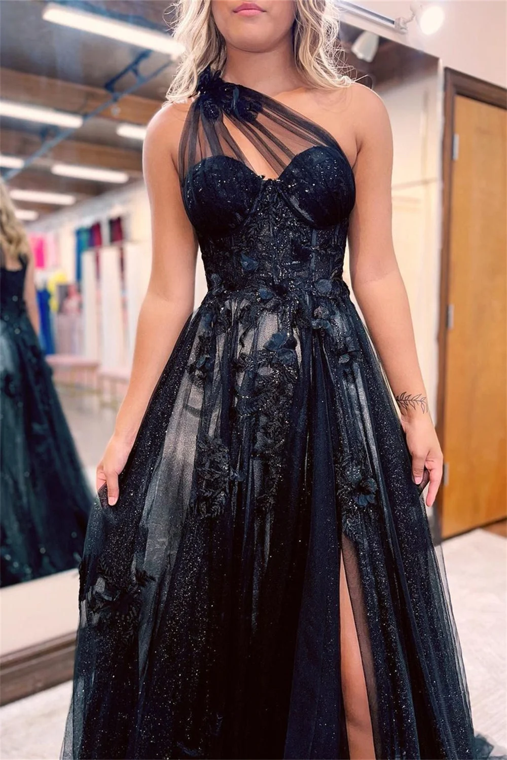 Cathy Sparkling Tulle A-line Prom Dress Dark Blue Evening Dress Sexy One Shoulder Side Split فستان سهرة Princess Party Dress