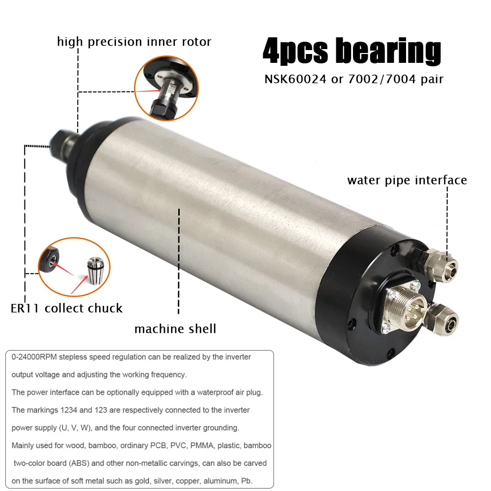 1.5KW Water Cooled Spindle Motor+1.5kw VFD Inverter+65mm Clamp+Water Pump/5m Pipe+13pcs ER11 For CNC Milling Woodworking Machine