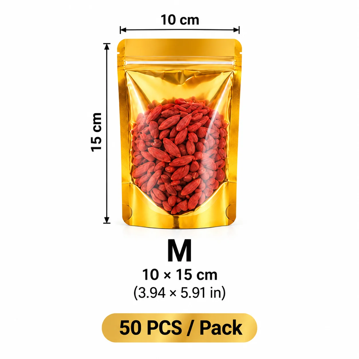 50PCS Gold Stand Up Pouches with Clear Window Resealable Zip Bags 10x15cm Food Storage Packaging Bags