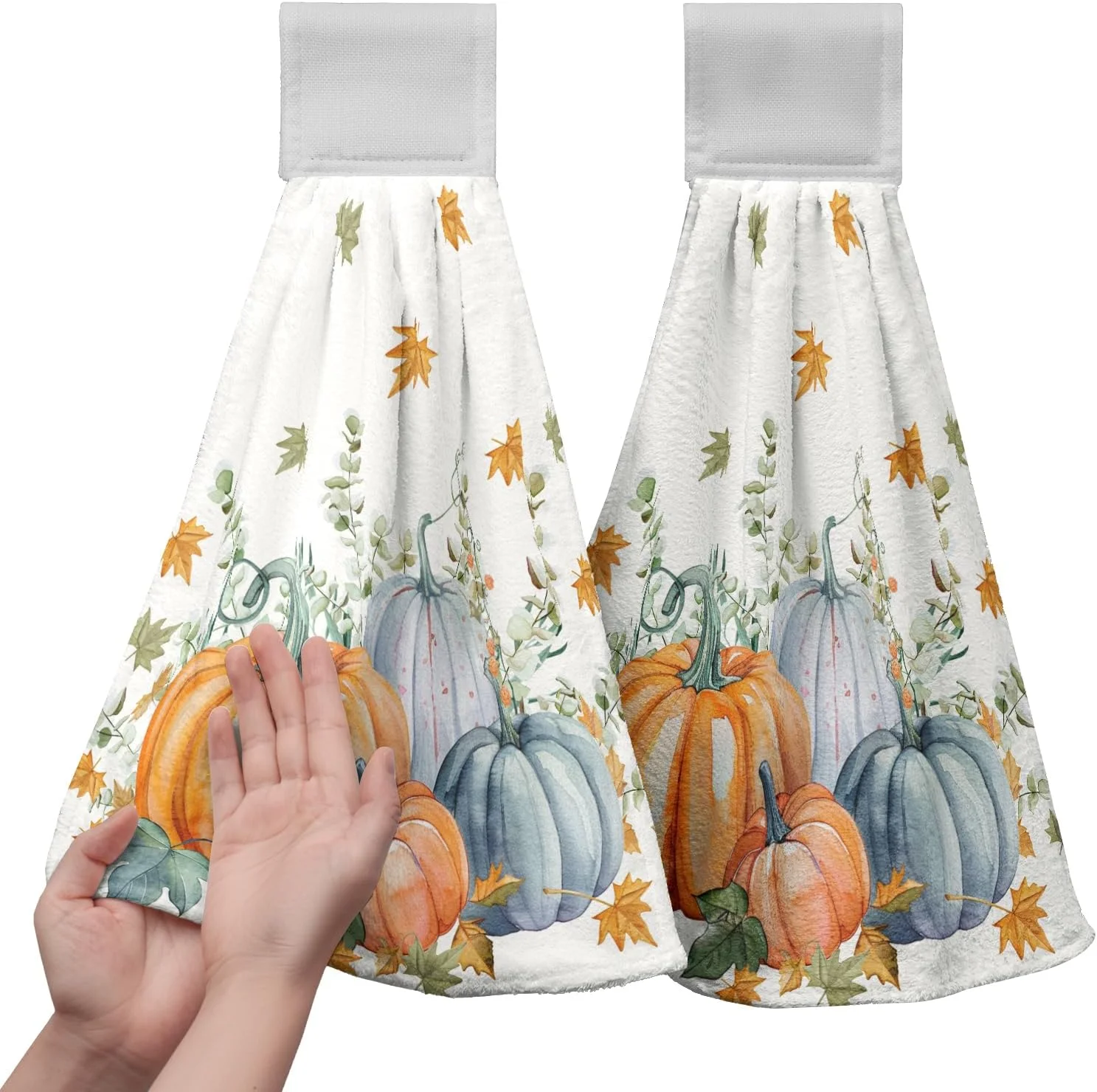 2-Piece Set, Autumn Orange and Blue Pumpkin Kitchen Hanging Towel Set, Autumn Cedar Leaf and Maple Leaf Handmade Towels with Hanging Rings, Thanksgiving Dishwashing Towels, Soft Absorbent Bath Towels
