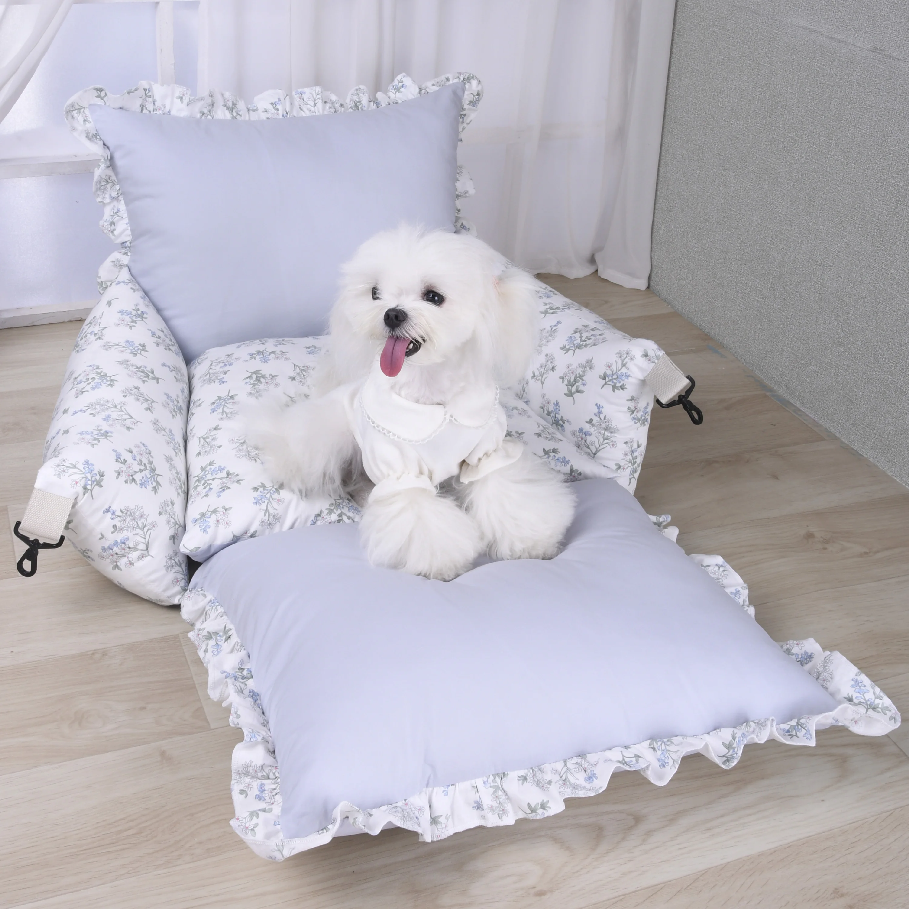 Dog Luxury Deluxe Car Automotive Bench Travel Seat Nest Sofa with Strap Safety Pet Travel Nest Bed, Puppy Kitten Floral