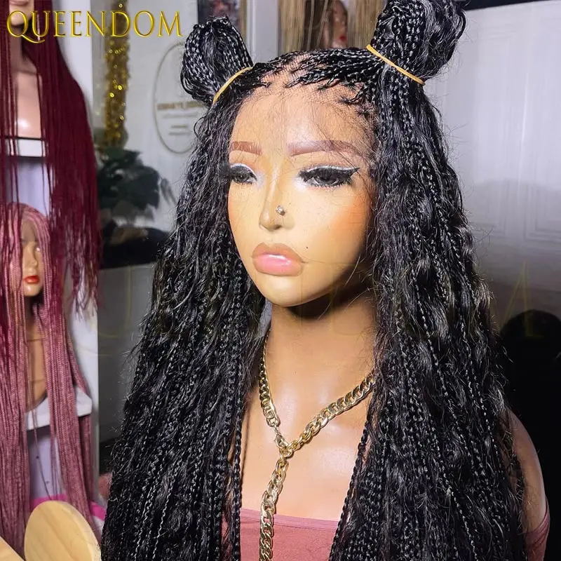 32インチ合成ボヘミアン女神風編み込みウィッグ 黒人女性用 フルレースウィッグ 編み込み アフリカ風ノットレスボックスブレイド ブロンドウィッグ カールウィッグ