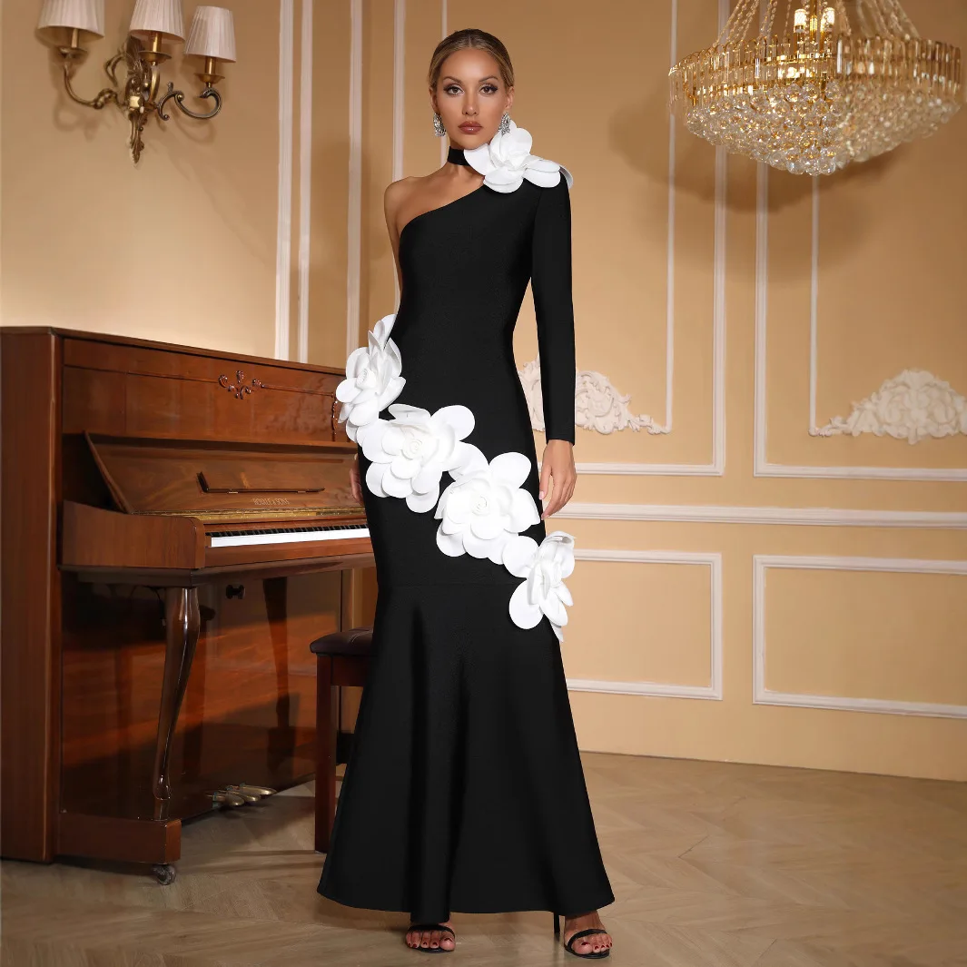 

High-Quality Black Sexy Single-Shoulder Long-Sleeve Wrap Dress with Heavy Beading Slimming Evening High-End Formal Party Dress