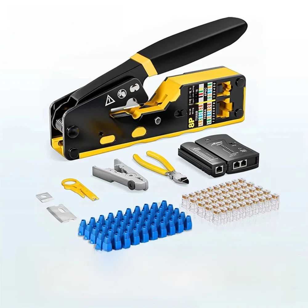 ZoeRax 8 w 1 RJ45 Cat6 Cat5e zestaw narzędzi do zaciskania, narzędzie do zaciskania, tester kabli, przecinak do drutu, ostrza, 50 szt. złączy i butów Cat6 — zdjęcie produktu 7