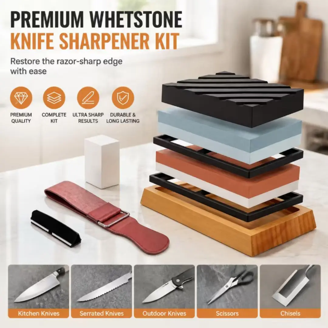 Sharpening Stone Set 400/1000 3000/8000 Grit Dual‑Sided Whetstone Knife Sharpener with Non‑Slip Base Angle Guide Flattening Stone Leather Strop Kitchen Blade Sharpening Tool