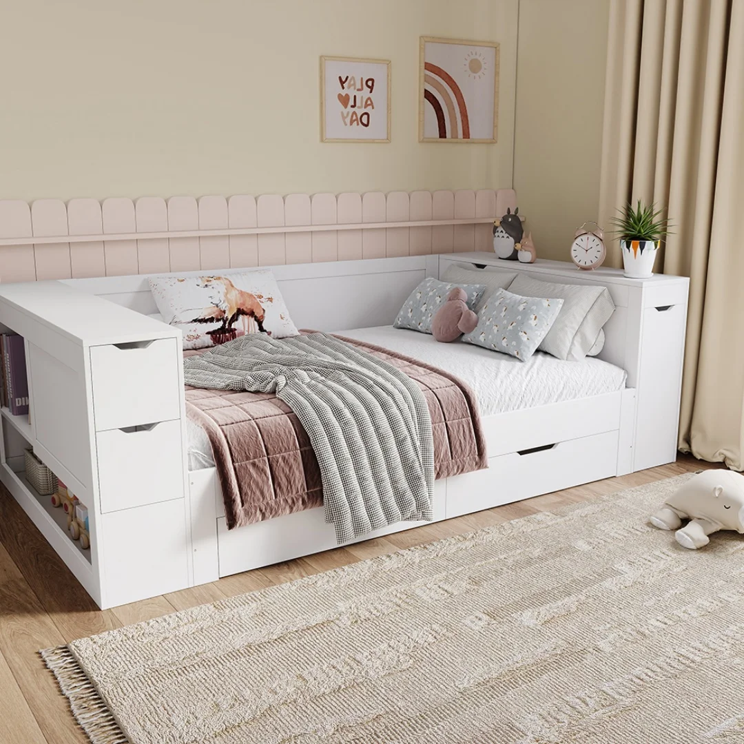 Cama infantil individual, 90 x 190 cm, cama infantil multifuncional con cajones y espacio de almacenamiento, colchón no incluido, blanco.
