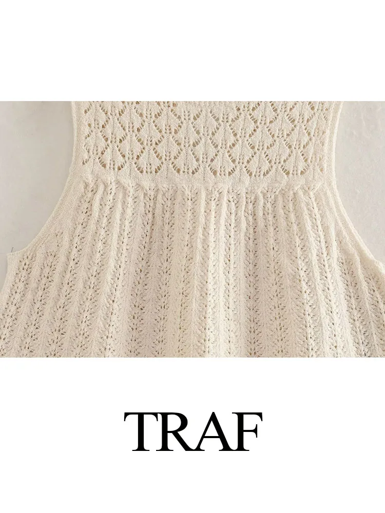 TRAF 2023 Summer Fashion Women Beige Knit Sleeveless Sweater Crew Neck Hollow Out Tops+Sexy Frenulum Mini Skirt Suit Streetwear