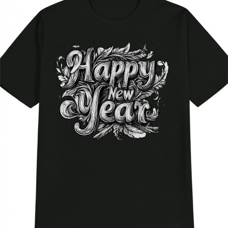 

Мужская хлопковая футболка с рисунком «С Новым годом», трикотажная ткань, стандартный крой, легкий эластичный узор с алфавитом и винтажным юмористическим дизайном