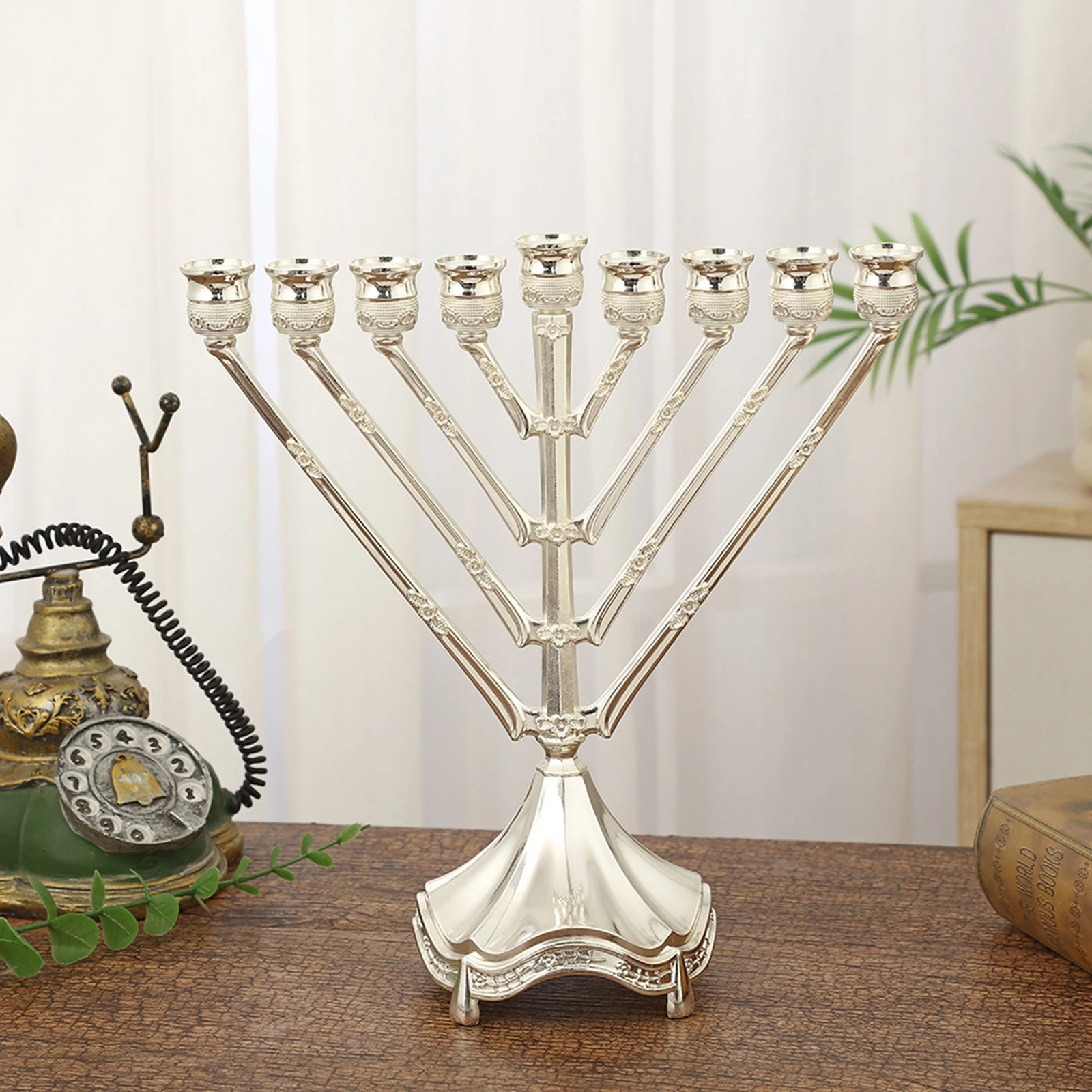 Zinc Alloy 9 Branch Menorah Candelabra for Holiday Decor Sturdy 10.4x9.4inch Decorative Candlestick Prayer Festive Celebration