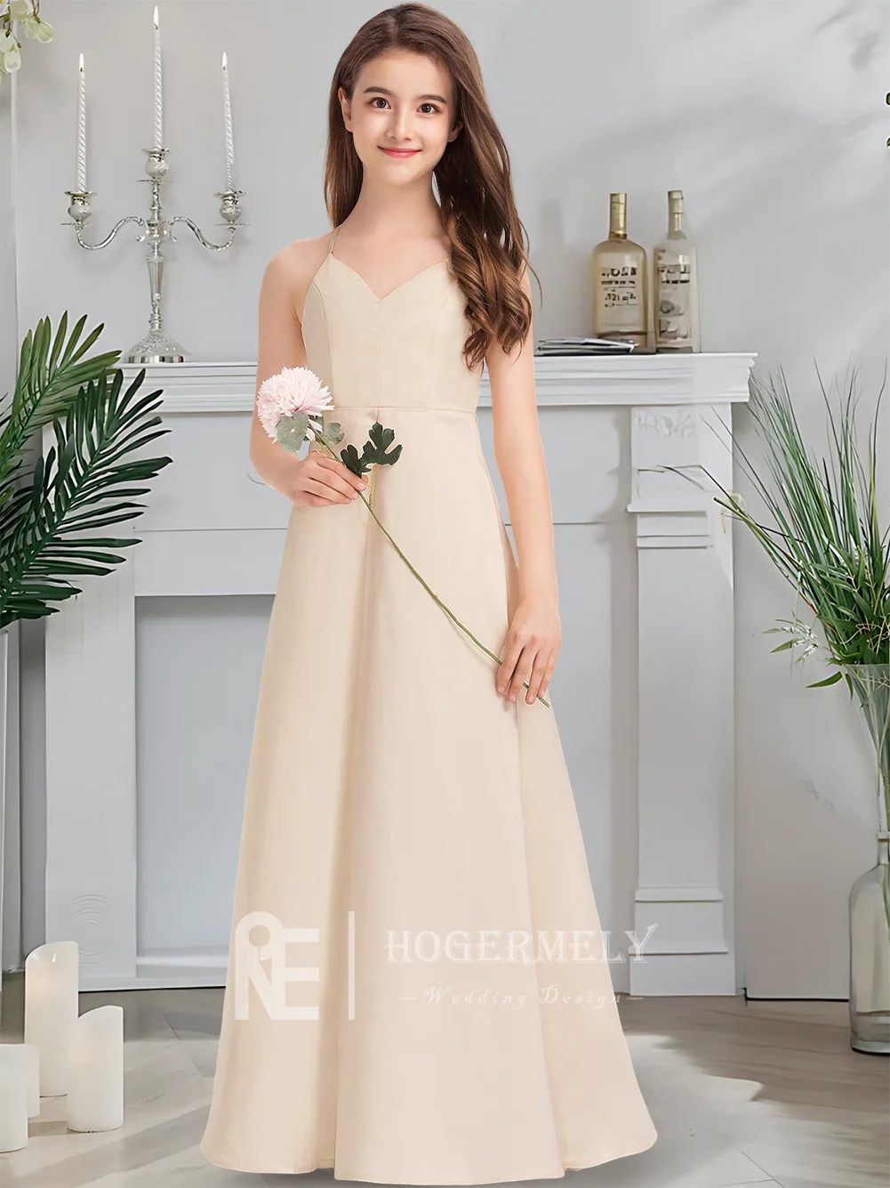 B Шикарное атласное платье трапециевидной формы с v-образным вырезом для подружек невесты, жемчужное платье с цветочным узором для девочек, выпускное платье длиной до пола для летних гостей