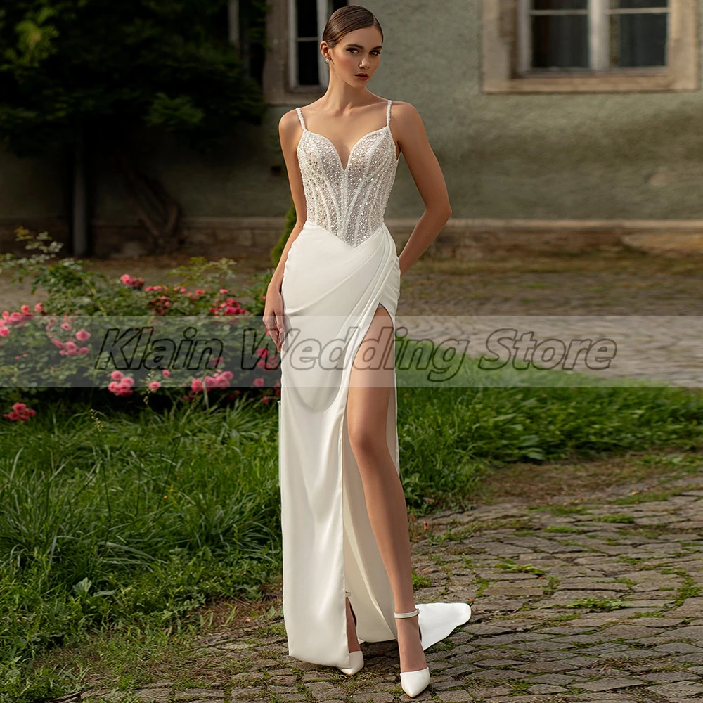 Weilinsha-Vestido de Novia elegante con lentejuelas, prenda Sexy con tirantes finos, cuello en V, abertura lateral, 2023