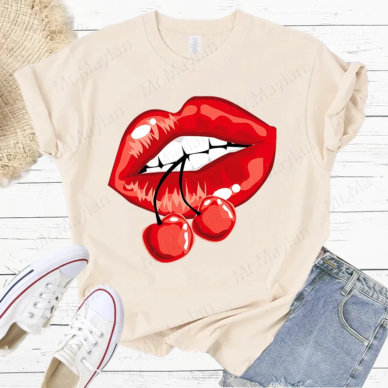 Summer New Sexy Lips Biting Cherries Short Sleeve Print Clothing Women's T-Shirt Harajuku Graphic Clothing Women's Top,Drop Ship