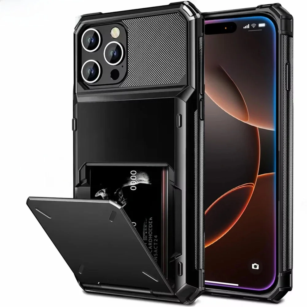 Kartenhalter-Hülle für iPhone 16 Pro Max 16 15 Pro Max 14 13 12 11, robuste Brieftasche, versteckter Flip-Slot, schützende harte Rückseite