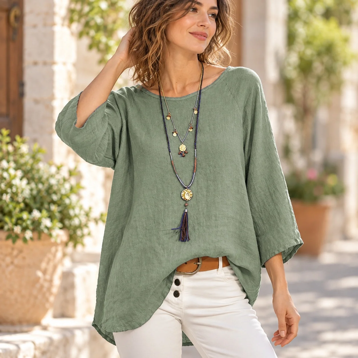 Nine Tenth Sleeve Round Neck T Shirt Regular Length Casual with Pullover Slightly Stretchy Literary Retro Autumn Women Top