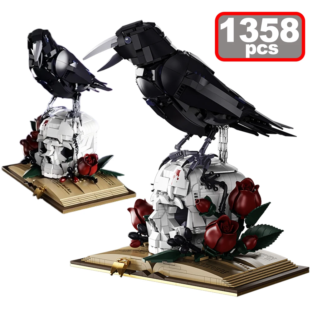 MOC Totenkopf Raben Rosen Blumen Bücher Modellbausatz Gruselige Horror-Stadt Heimdekoration Tier-Bausteine Spielzeug Geschenke für Erwachsene