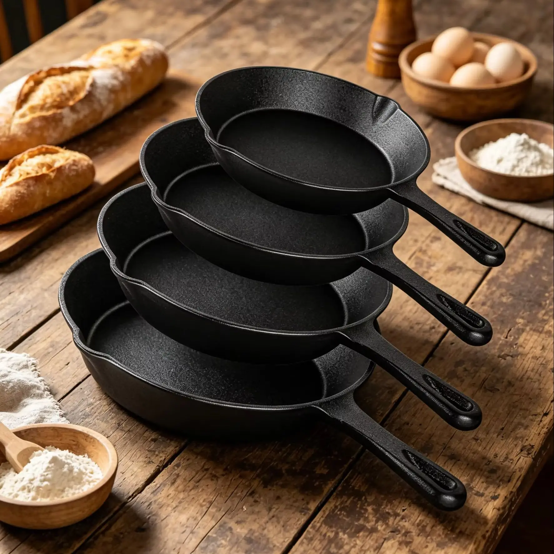 Ensemble de 4 poêles en fonte non revêtues, compatibles induction, antiadhésives pour frire, faire des steaks, des barbecues, des omelettes