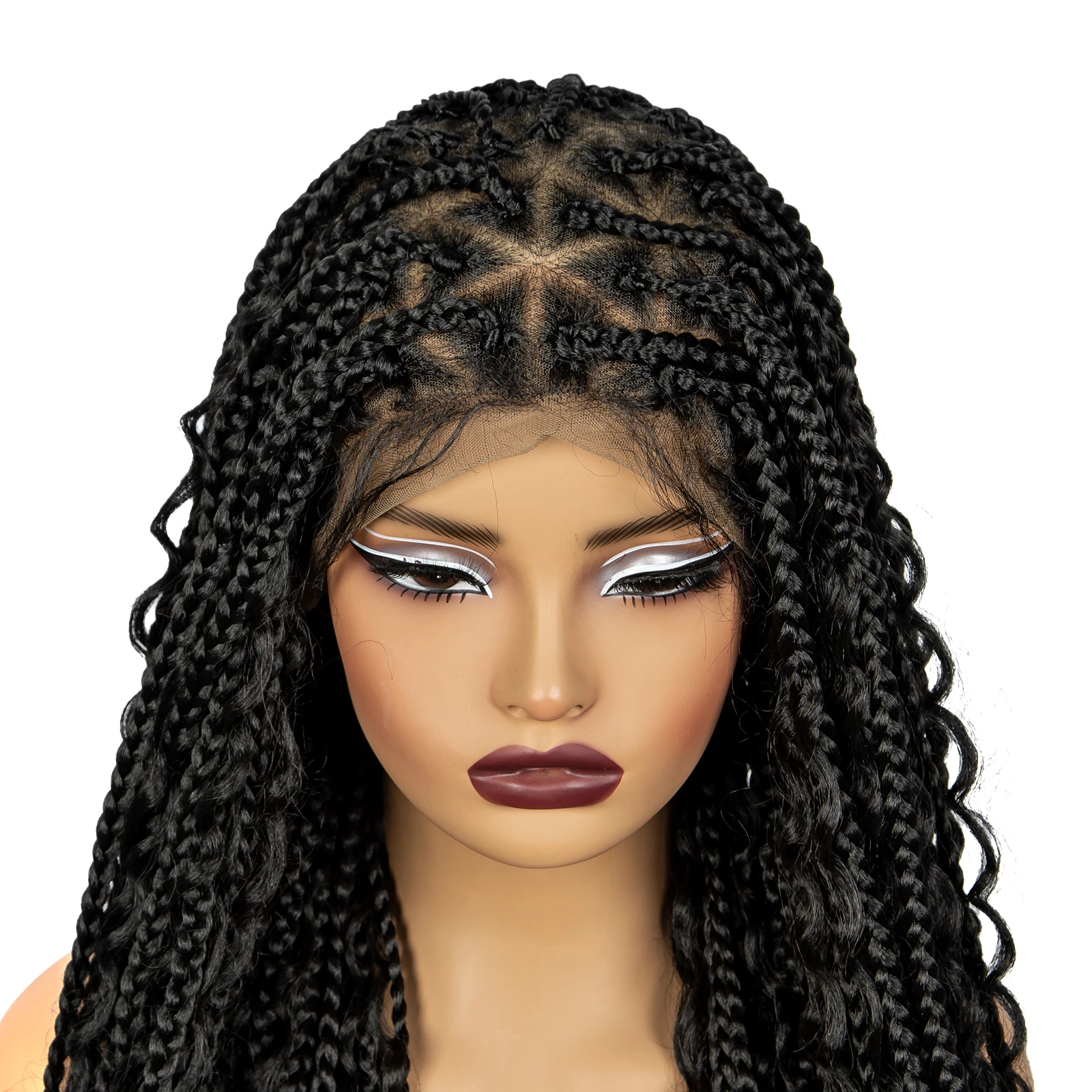 Full Lace Braided Wigs with Curly Ends Synthetic Boho Braided Lace Wigs Knotless Box Braids Wig with Baby Hair for Black Women