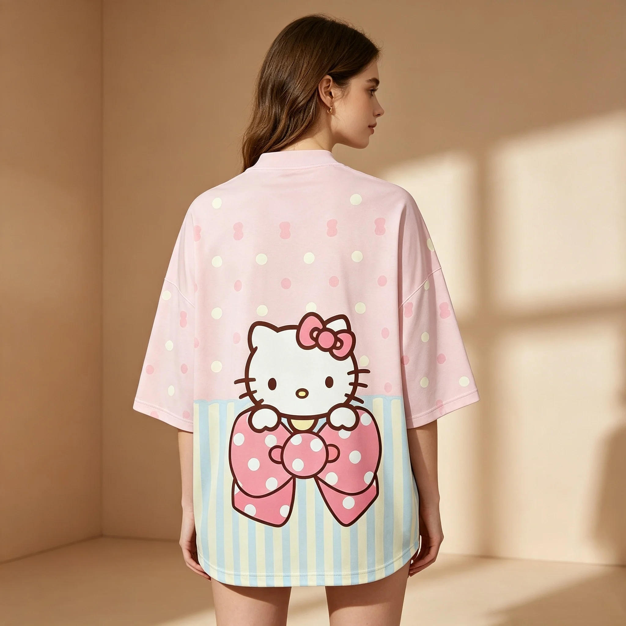 Women Hello Kitty Big Bow Print 34‑Sleeve Baseball Jersey Shirt Pink Polka‑dot Stripe Hem Loose  Kawaii Casual Streetwear Top view 2
