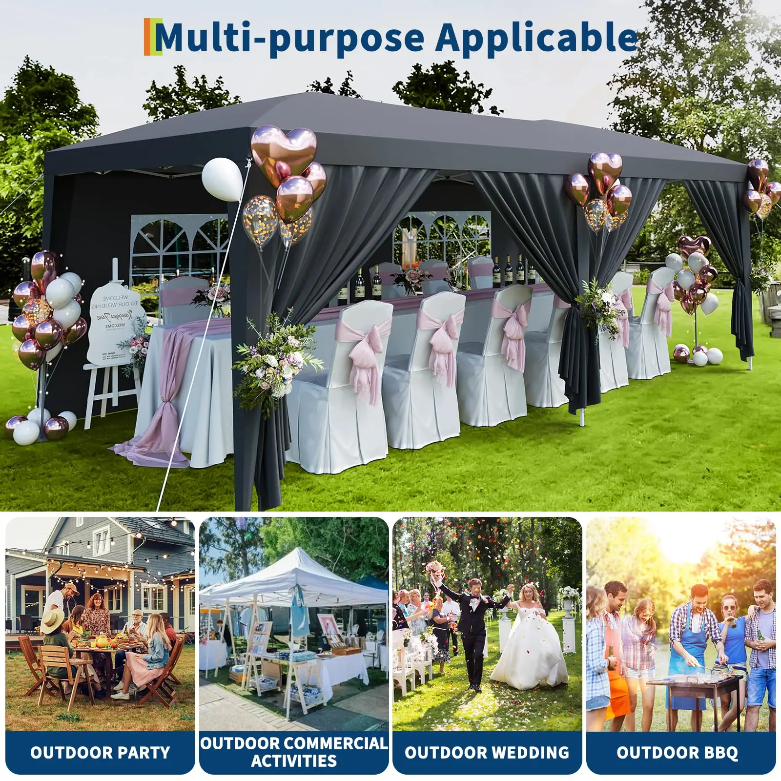 10x20 Pop Up Canopy Tent with 6 Removable Sidewalls, Easy Up Commercial Canopy Tents for Parties, Large Heavy Duty Outdoor Canopies with 3 Adjustable Heights, Stakes X18, Ropes X6, Grey view 7