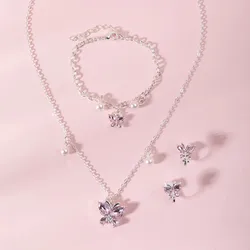 3Pcs Children Girls Princess Accessories Pink Butterfly Crystal Pearl Necklace Bracelet Ear Clip Jewelry For Kids Party Gifts