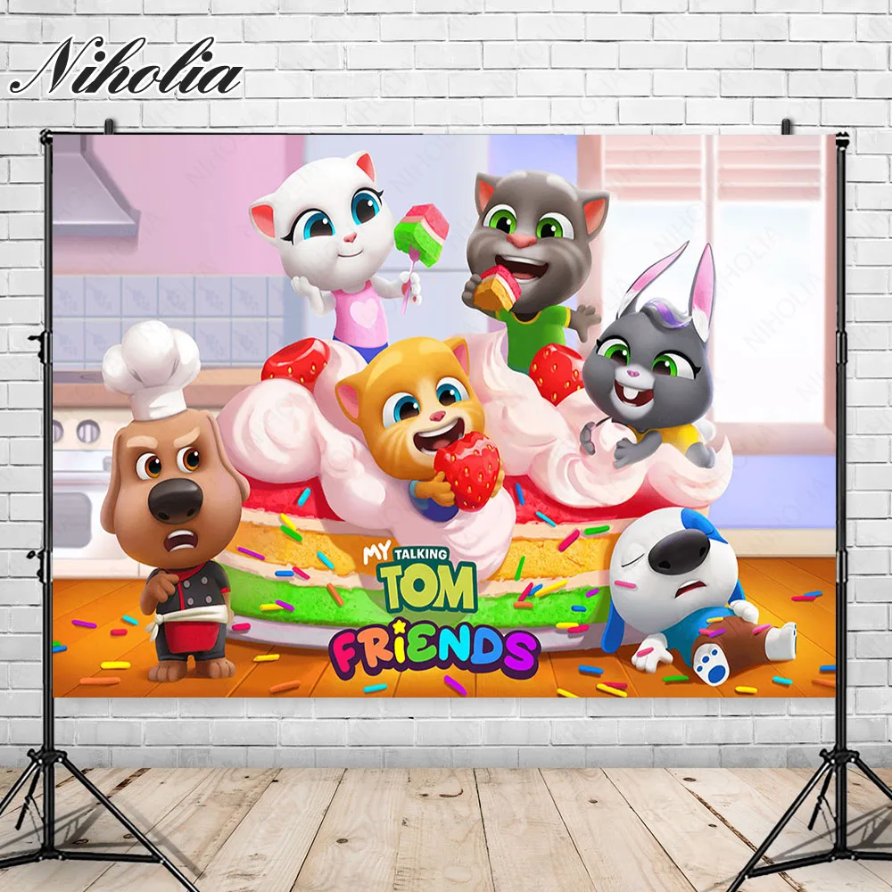 Niholia Talking Tom And Friends Backdrop For Kids Birthday Party Photography Background Cute Dogs Poster Photo Booth Props