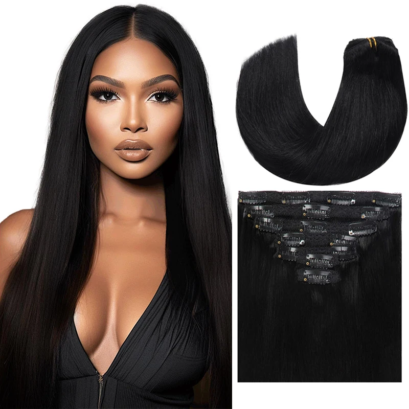 Straight Clip In Extensions Real Huamn Hair Hair Natural Black #1B 100% Remy Double Weft Brazilian Human Hair Clip ins 16-26inch