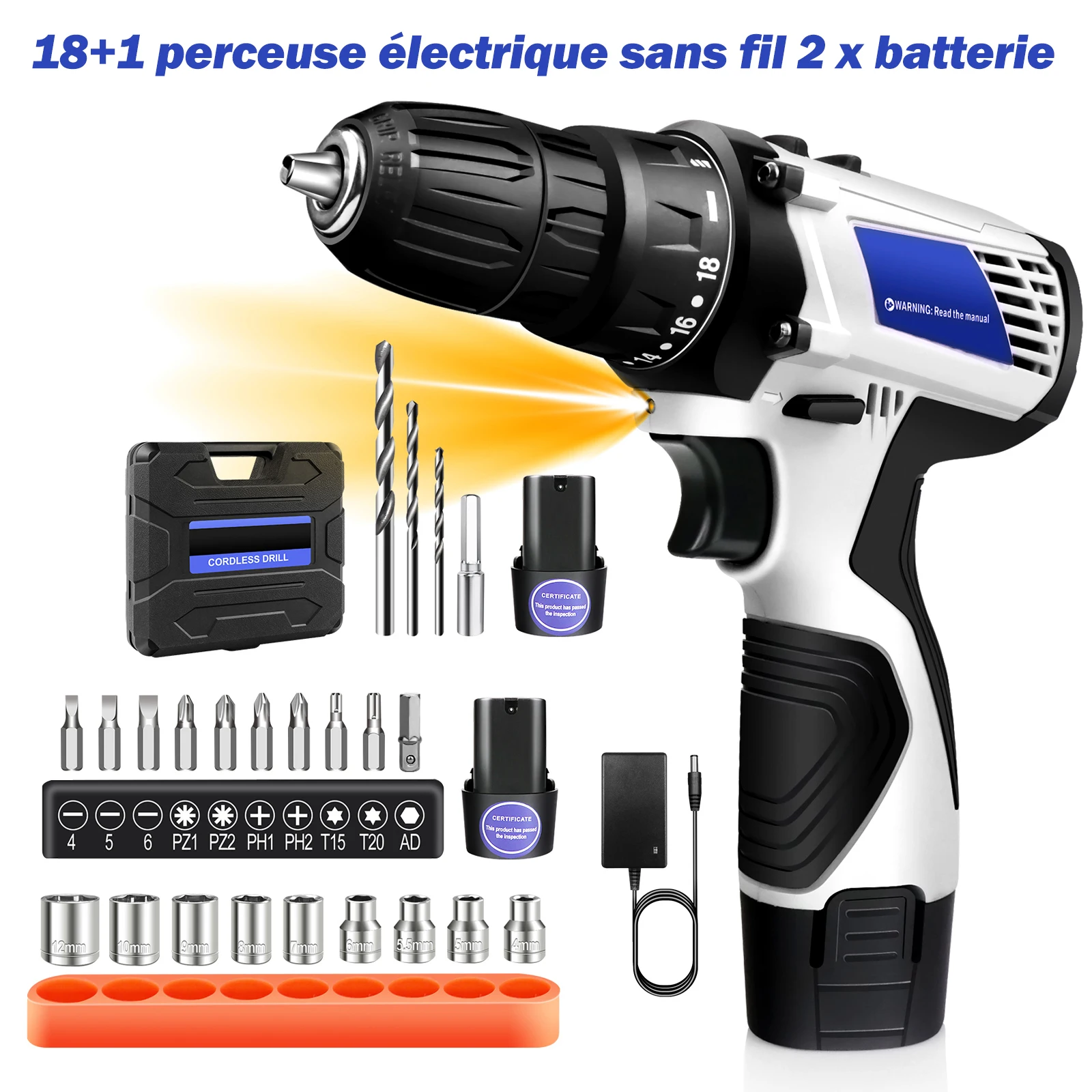 Perceuse visseuse sans fil 45 N.m, mandrin 3/8" à serrage rapide, lampe LED intégrée – Lot outil bricolage