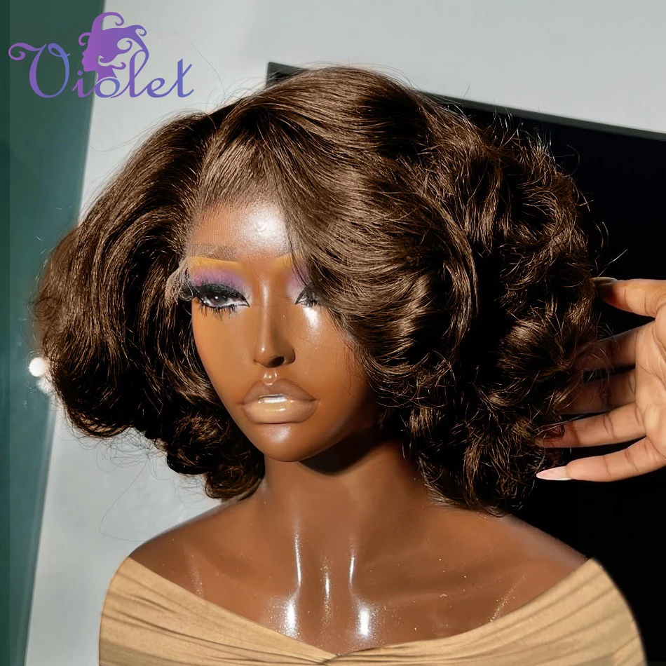 

Brown Wig Loose Wave Human Hair 250% 13x4 Body Wave Lace Front Wigs Human Hair Pre Plucked Short Wigs Colored #4 Short Bob Wigs