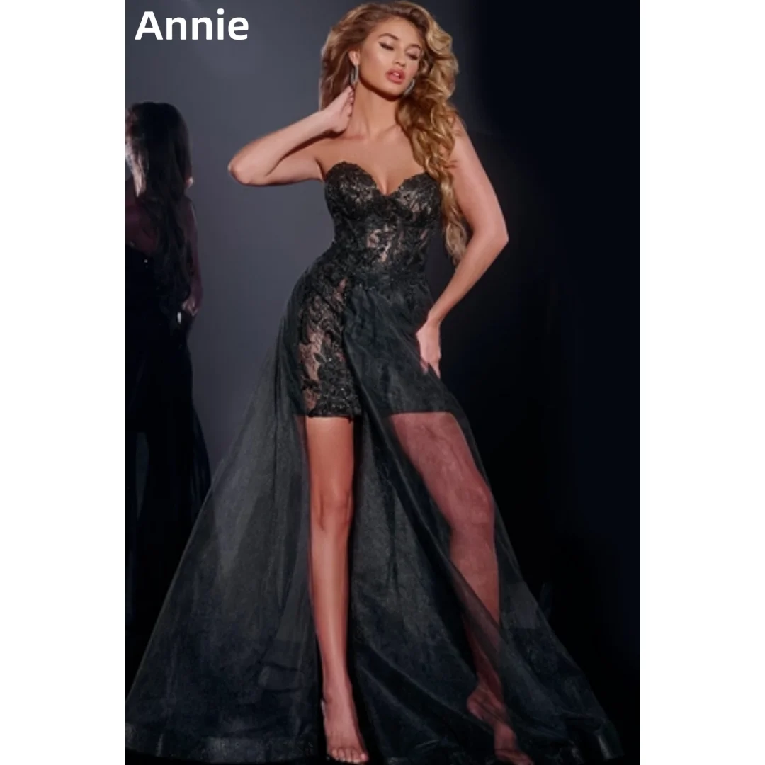 

Annie Black Prom Dresses Lace Embroidered Mermaid Short Evening Dresses Sexy Off Shoulder Tulle Special Occasion فساتين سهرة