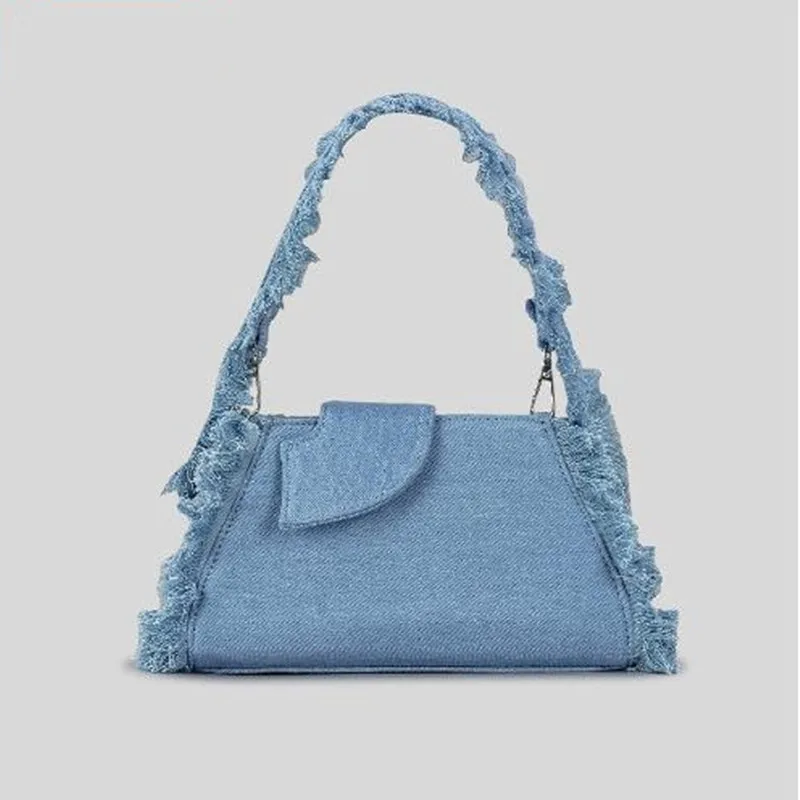 

2023 Denim Bag Canvas Underarm Bag Women's Luxury Plush Edge Tassel Jeans Handbag Niche Design Party Bag Blue Denim Hand Bag