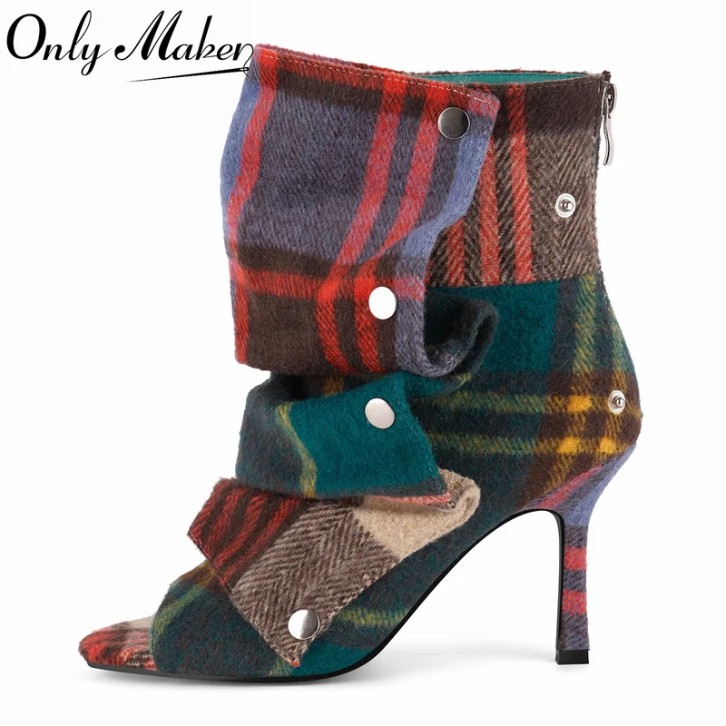 Onlymaker Women Peep Toe Pleated Plaid Removable Ankle Boots Zipper Slouched Ruched Short Stilettos Open Toe Ankle Boots