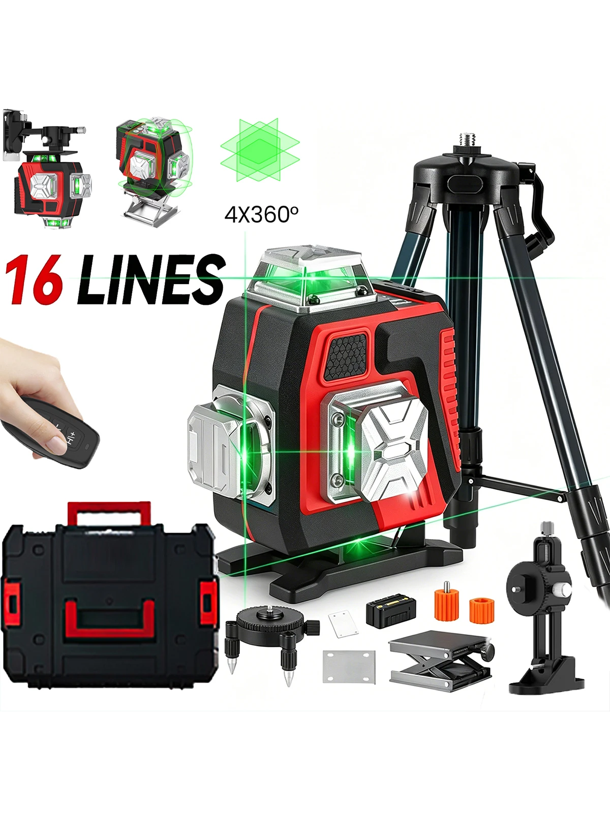 4D 16-liniowy poziomica laserowa z trójnogiem, pilotem zdalnego sterowania i zieloną linią 360° ° Poziomy i pionowy samopoziomujący, super mocny poziomica laserowa z baterią litowo-jonową — 2