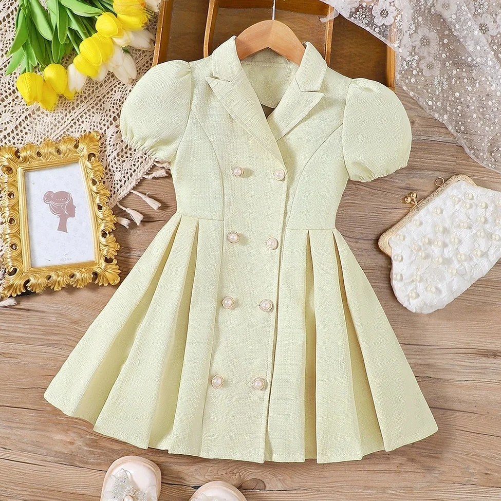 

Kids Girl's Summer Outfits Elegant Lady Dress Bubble Sleeves Mid-Length Girl Dresses Solid Color for Daily Wear 4 5 6 7 Years