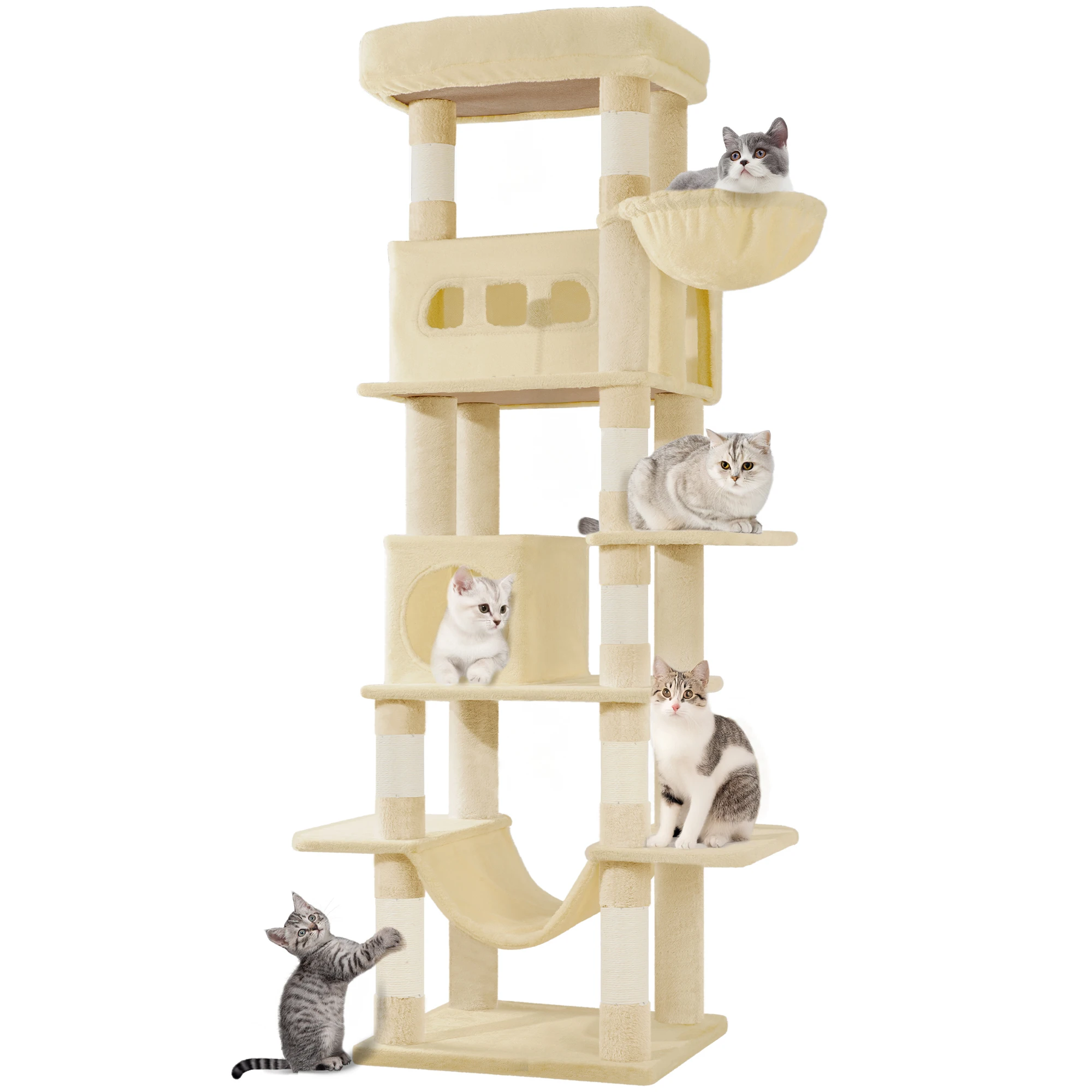 170 cm Grote Kattenboom, Kattentoren voor Maine Coon Katten, Krabpaal met Meerdere Niveaus en Grote Zitplaats, Wasbare Mat