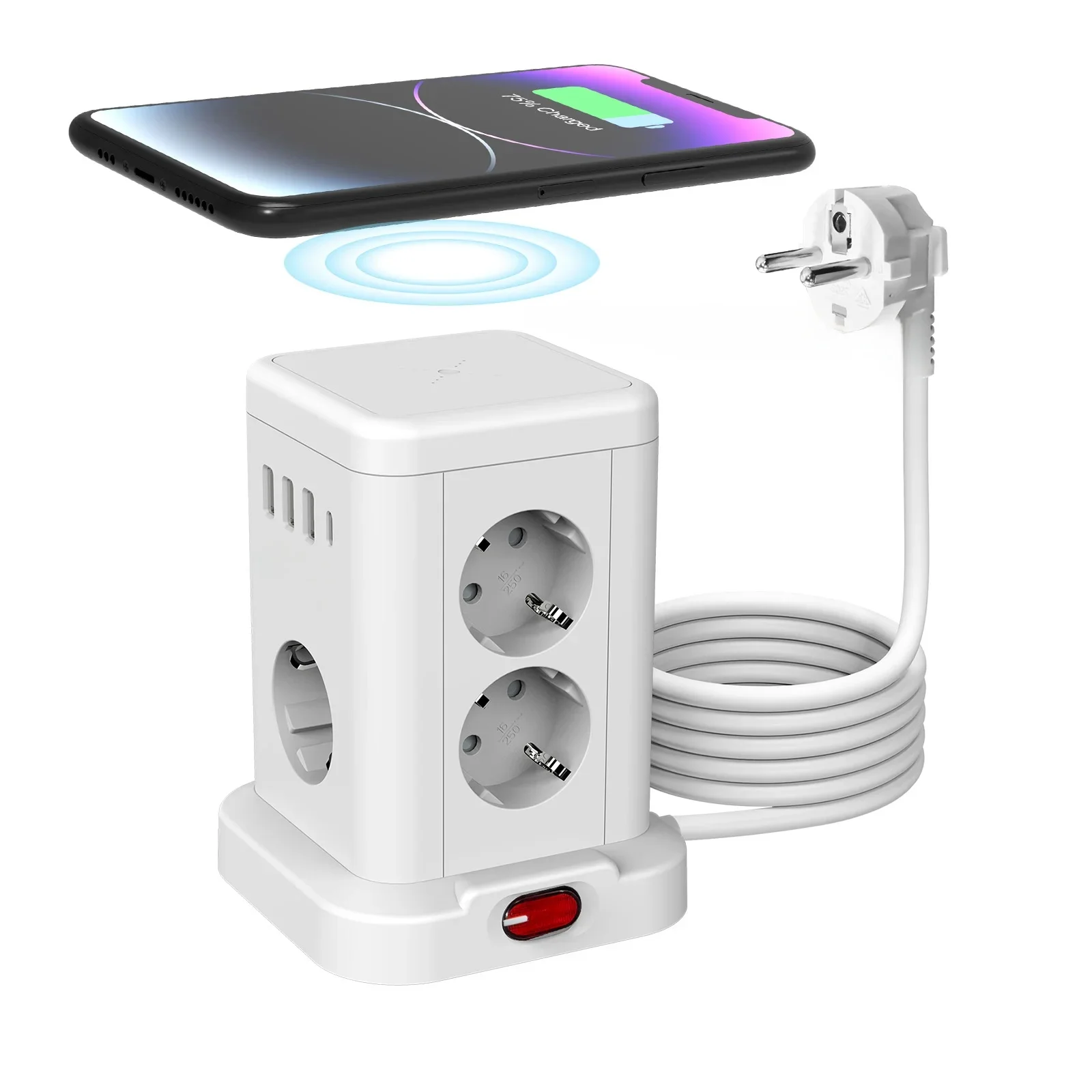 Inteligentna listwa zasilająca 15-w-1 z bezprzewodowym szybkim ładowaniem, gniazdo 3680W, 3 porty USB-A i 1 port USB-C, kabel przedłużający 2-metrowy, przełącznik sterowania głównego. — 2