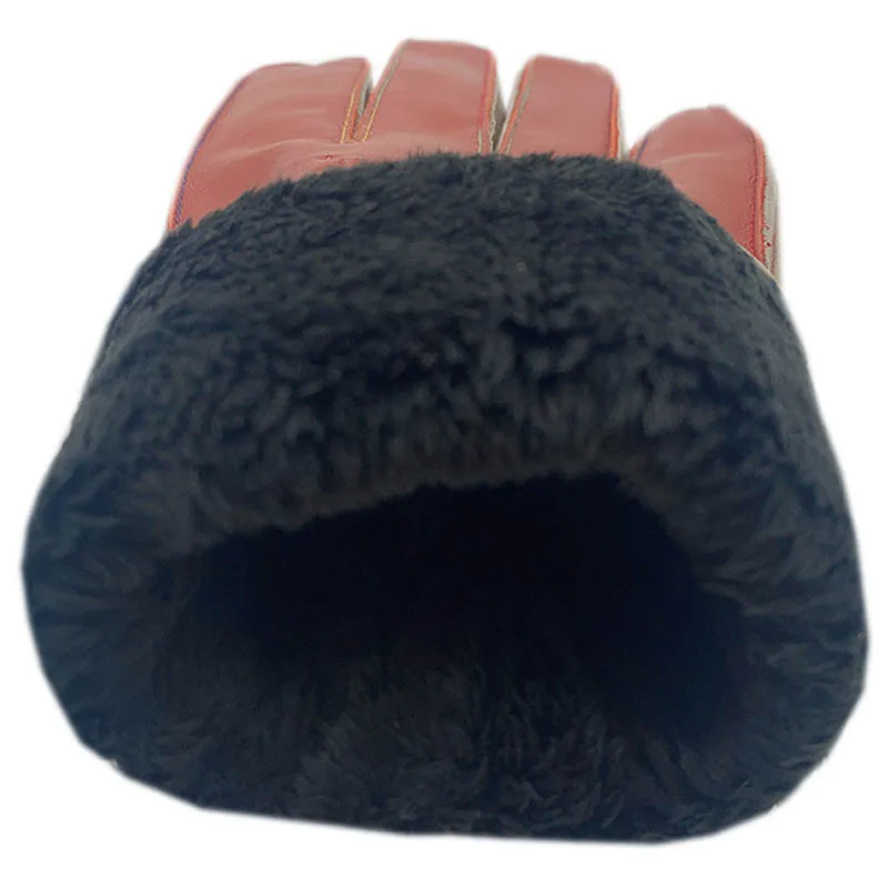 Winter men\'s leather gloves wrist guards fashionable new genuine sheepskin leather gloves wool lining machine sewn warm driving