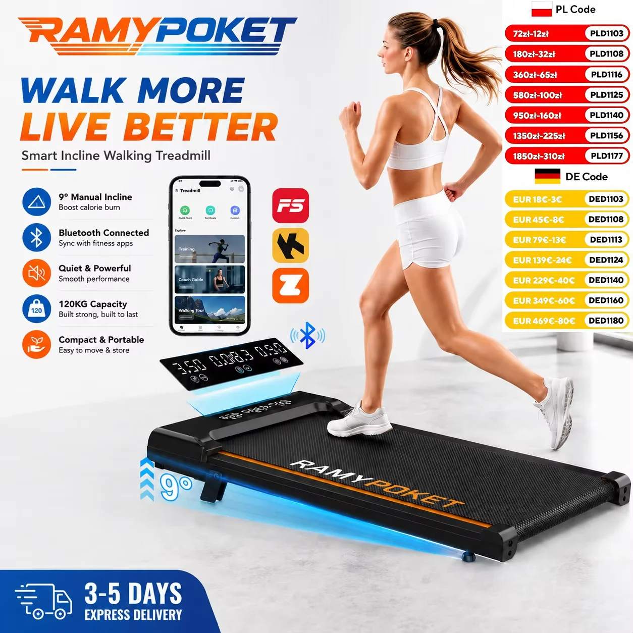 RAMYPOKET Foldable Walking Pad with 9% Incline Silent Motor Smart APP Three Window Display 1–8KM/H Speed 120KG Capacity Treadmill for Home Office